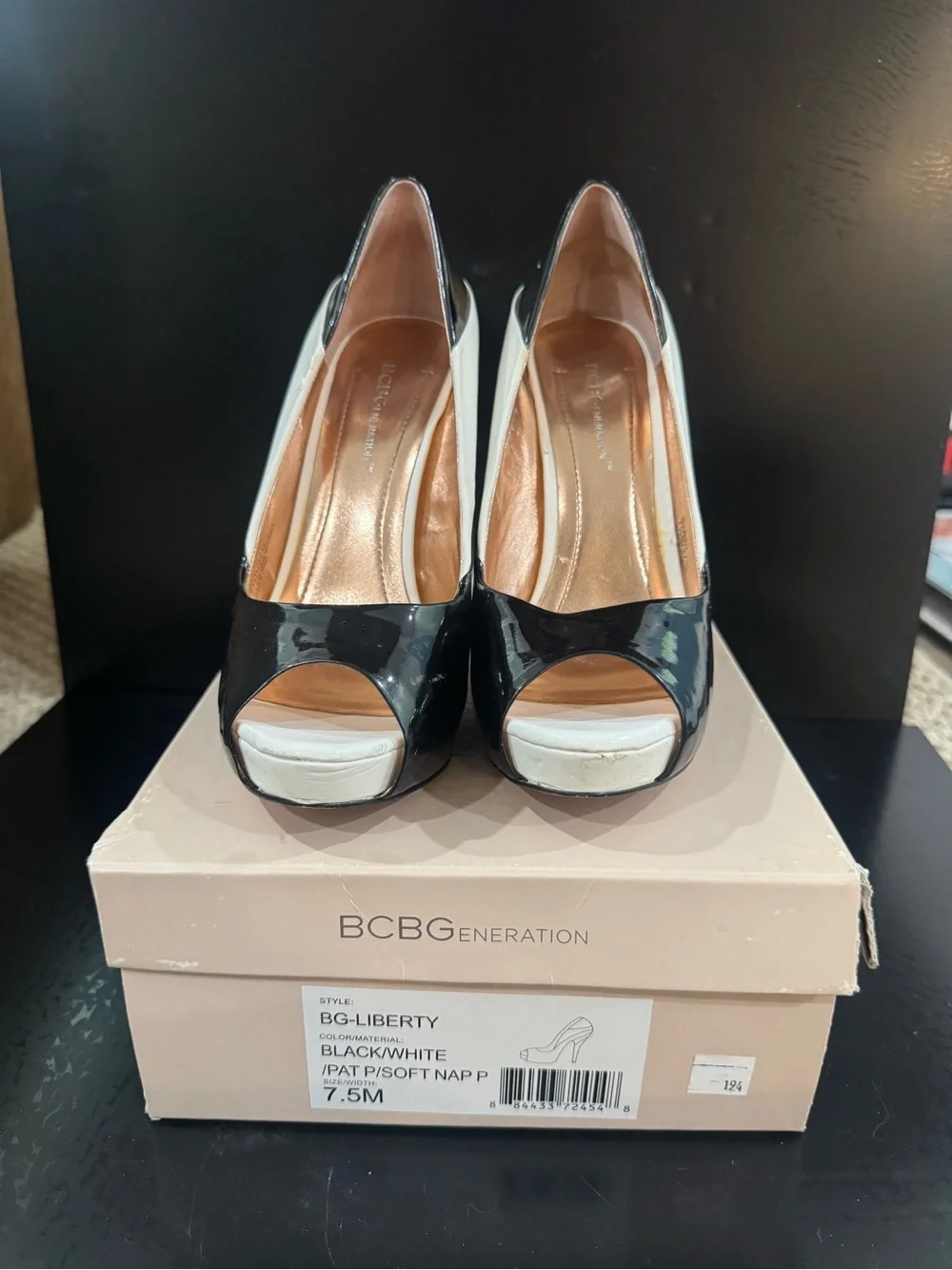 BCBGeneration Black and White Peep-Toe Platform Pumps